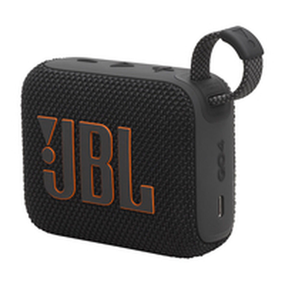 Zijaanzicht van de JBL GO 4 draagbare Bluetooth luidspreker in zwart met oranje logo.