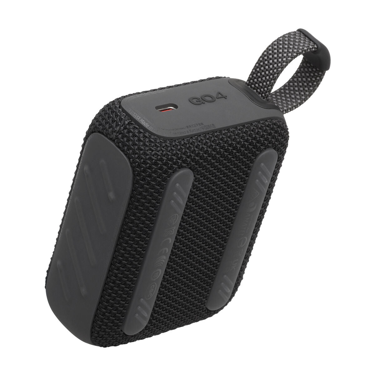Zijaanzicht van de JBL GO 4 draagbare Bluetooth luidspreker in zwart met textuur.