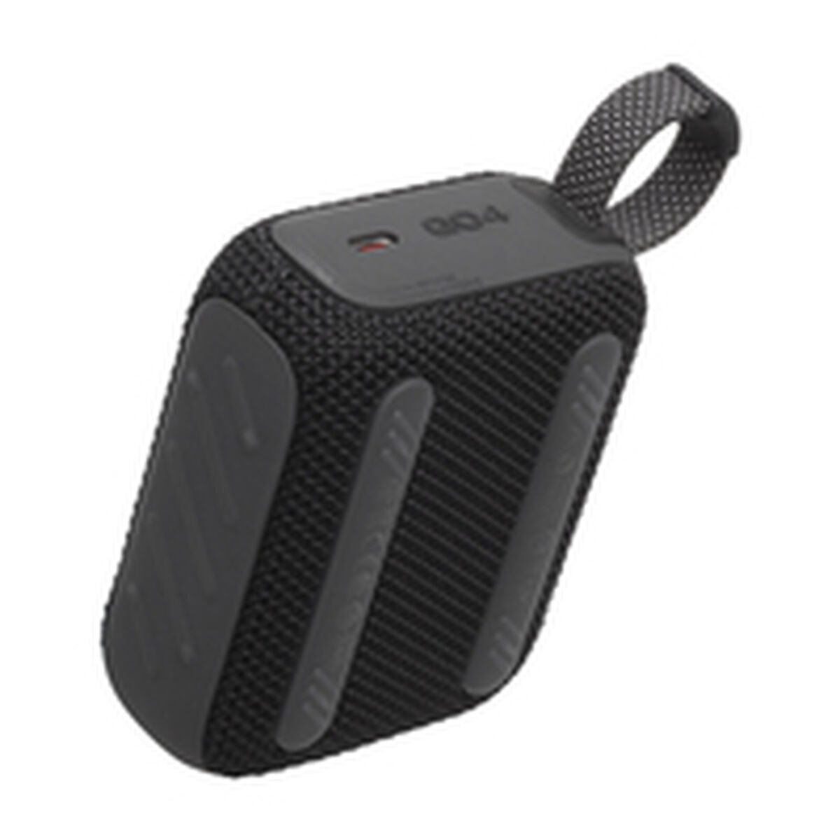 Zijaanzicht van de zwarte JBL GO 4 luidspreker met een rubberen grip en draaglus.