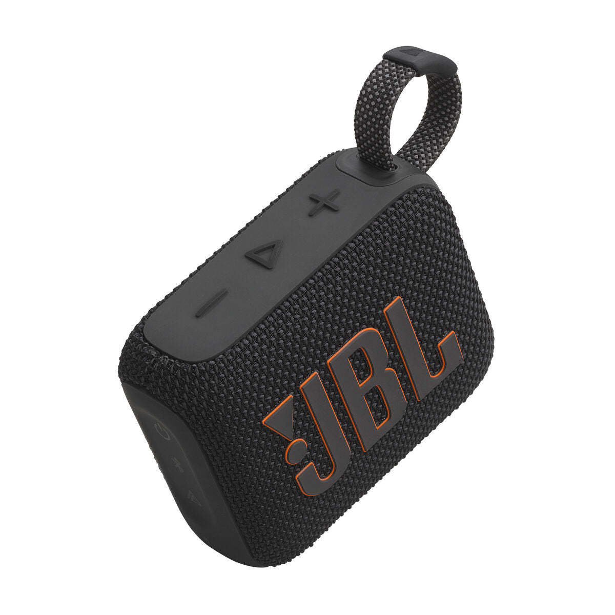 Zijaanzicht van de zwarte JBL GO 4 Bluetooth luidspreker met knoppen en logo.