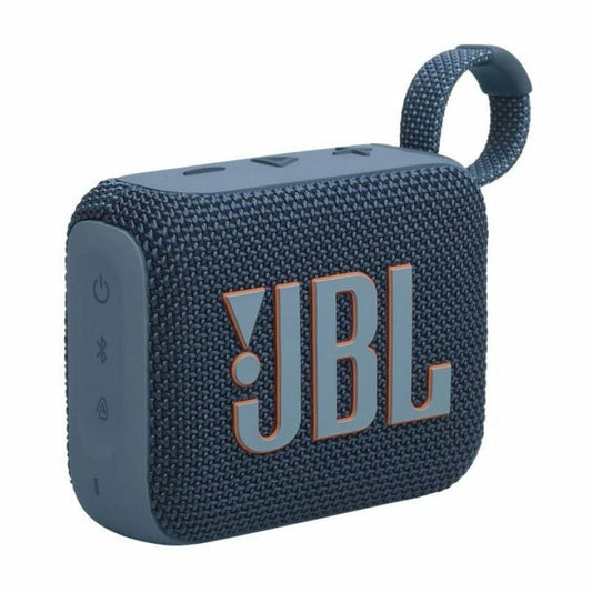 JBL GO 4 draagbare luidspreker in blauw met robuuste textuur en handvat.