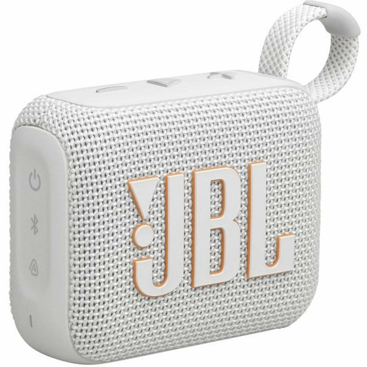 JBL GO 4 Bluetooth luidspreker in wit met grijze stof, zijaanzicht met knoppen.