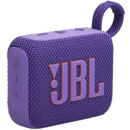 Paarse JBL GO4 Bluetooth luidspreker met waterdichte behuizing en bedieningselementen.