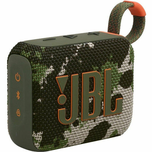 JBL GO 4 draagbare Bluetooth luidspreker in camouflagekleur met waterdichte stof.