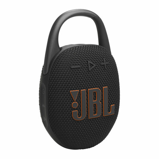 JBL CLIP 5 draagbare Bluetooth luidspreker in zwart met handige clip en waterbestendige behuizing.