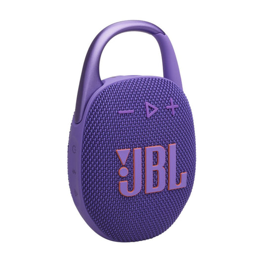 JBL Clip 5 Bluetooth-luidspreker in paars met draagbare handgreep en knoppen.