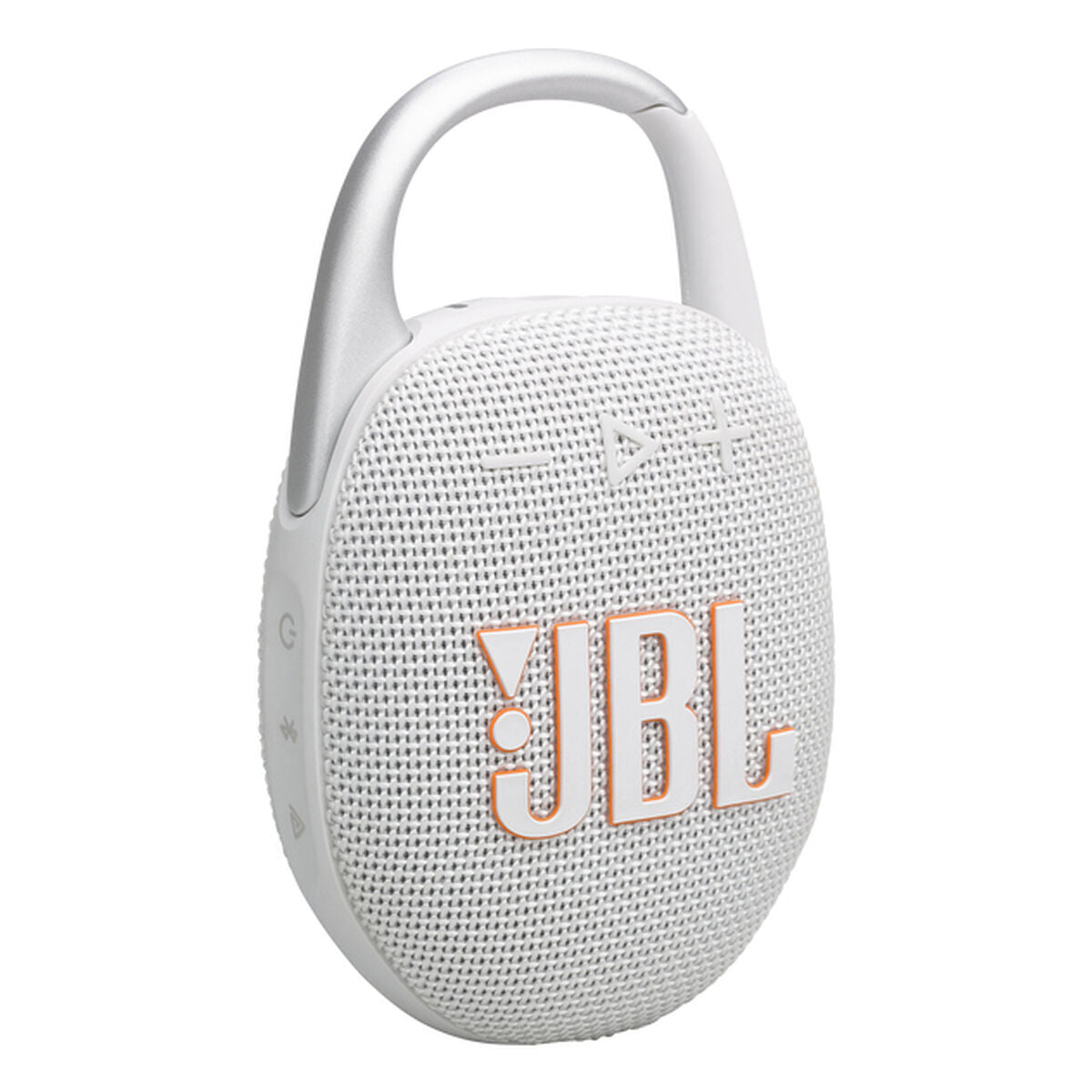 Detail van de JBL Clip 5 Bluetooth-luidspreker in wit met grijze accenten, zijaanzicht.