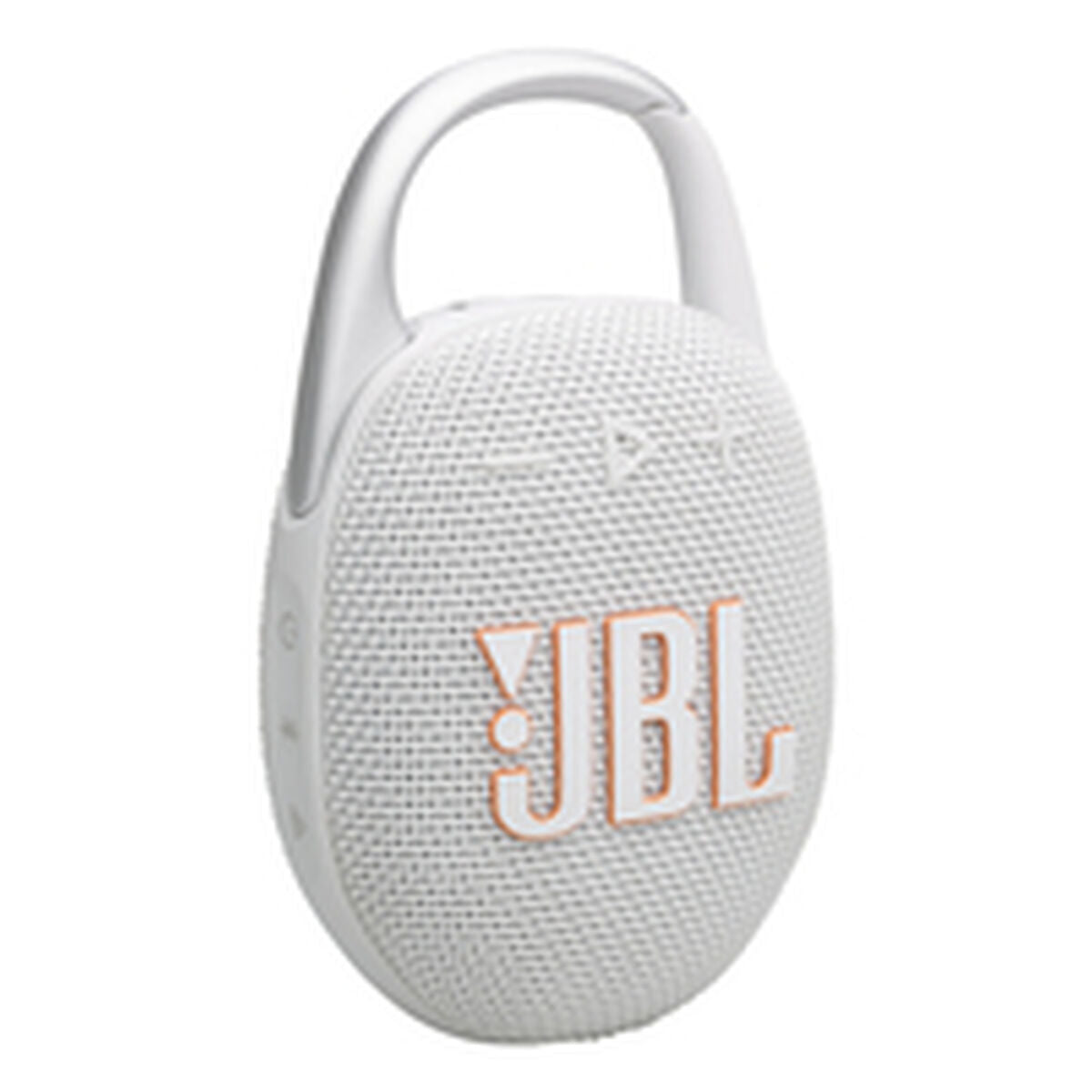 Detail van de JBL Clip 5 in wit met grijze accenten, zijaanzicht met logo en knoppen.