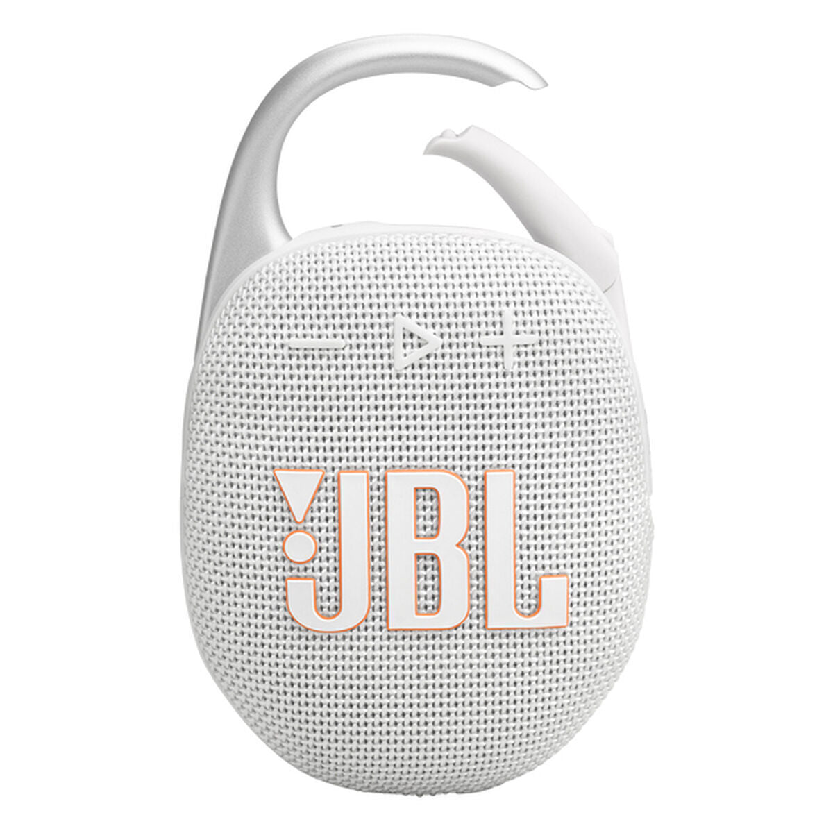 Detail van de JBL Bluetooth-luidspreker Clip 5 in wit met grijze textuur en handvat.