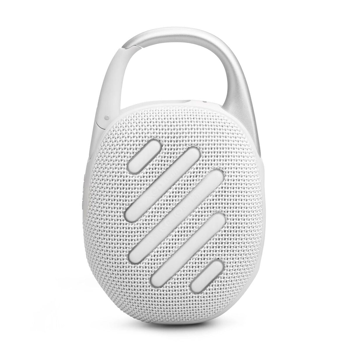 Detail van de JBL Clip 5 Bluetooth-luidspreker in wit en grijs, met handvat en speakerrooster.