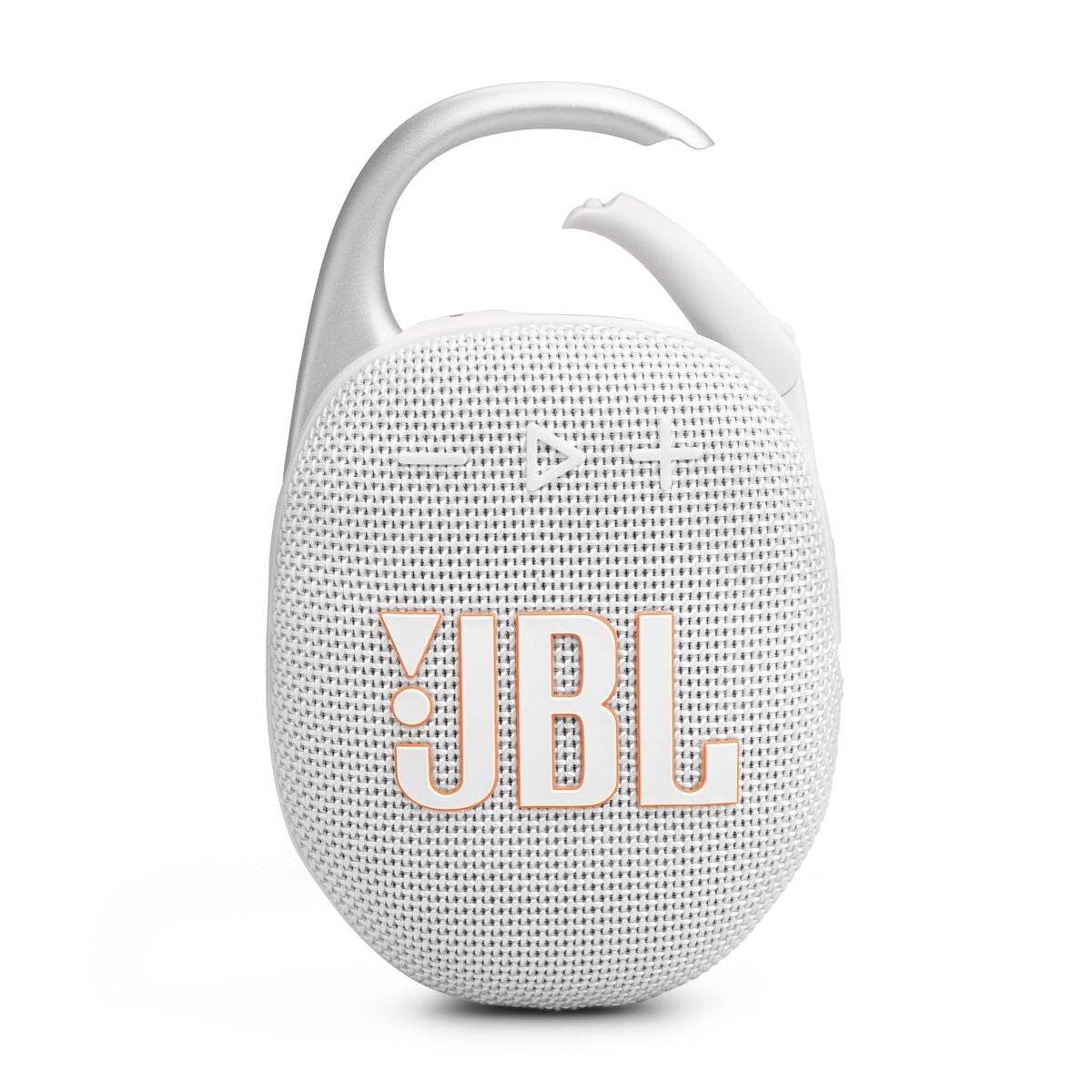 Detail van de JBL Clip 5 in wit met grijze accenten, zijaanzicht met bedieningsknoppen.