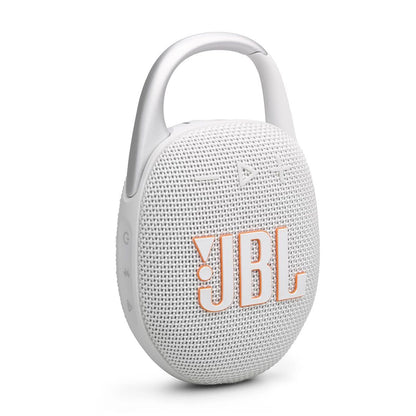 Zijaanzicht van de JBL Clip 5 Bluetooth-luidspreker in wit en grijs.