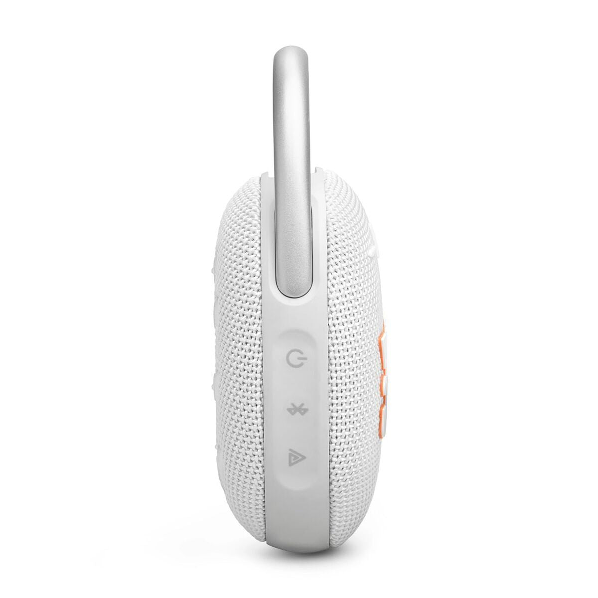 Zijaanzicht van de JBL Clip 5 Bluetooth-luidspreker in wit met grijze details.