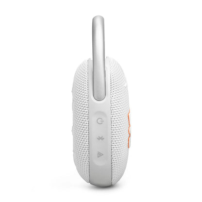 Zijaanzicht van de JBL Clip 5 Bluetooth-luidspreker in wit met grijze details.