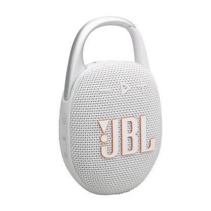JBL Clip 5 Bluetooth-luidspreker in wit en grijs, waterbestendig ontwerp.