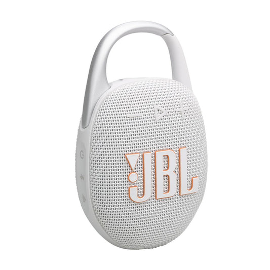 JBL Clip 5 Bluetooth-luidspreker in wit en grijs, waterbestendig ontwerp.