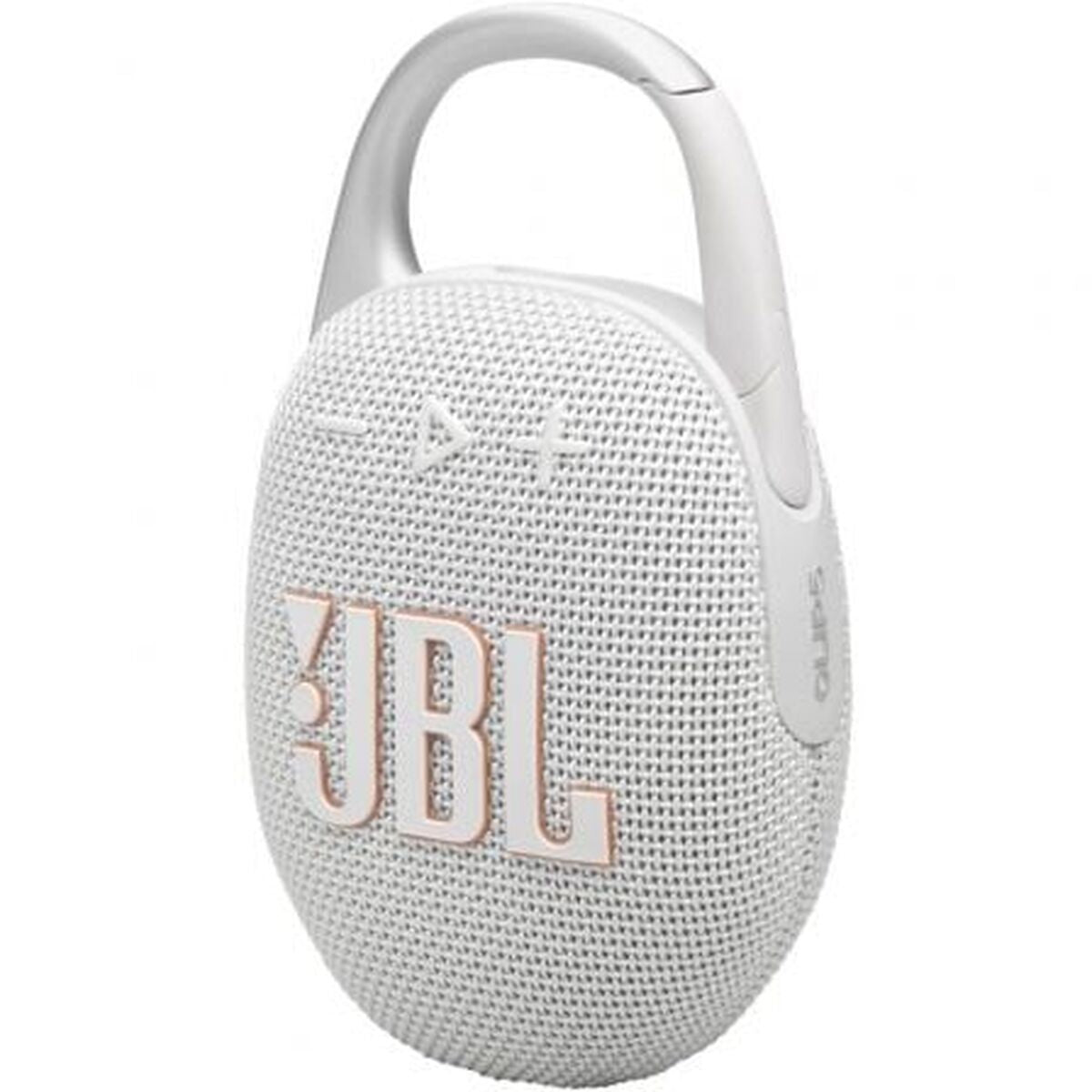 Detail van de JBL Clip 5 in wit met grijze accenten, zijaanzicht met bedieningsknoppen.