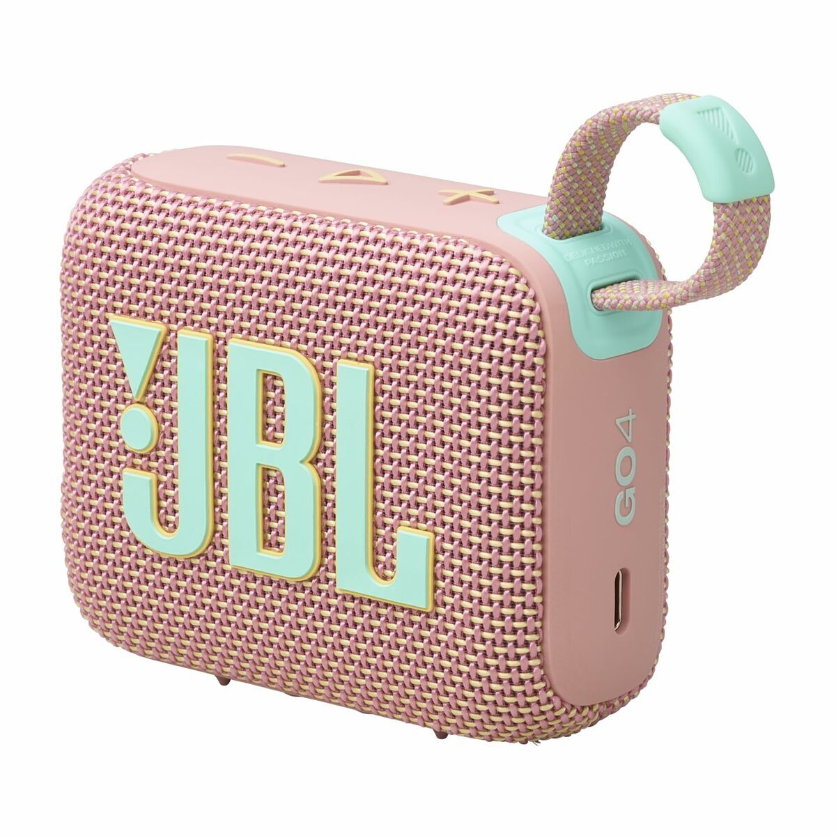 Zijaanzicht van de roze JBL GO 4 Bluetooth-luidspreker met opvallend logo en handvat.