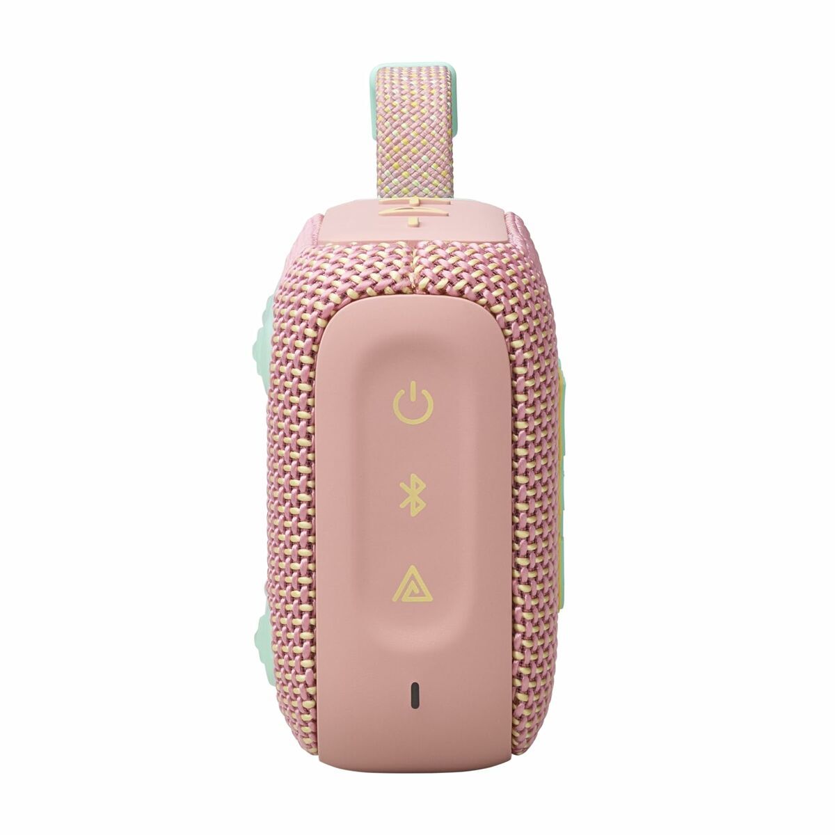 Zijaanzicht van de roze JBL GO 4 luidspreker met knoppen en draagriem.