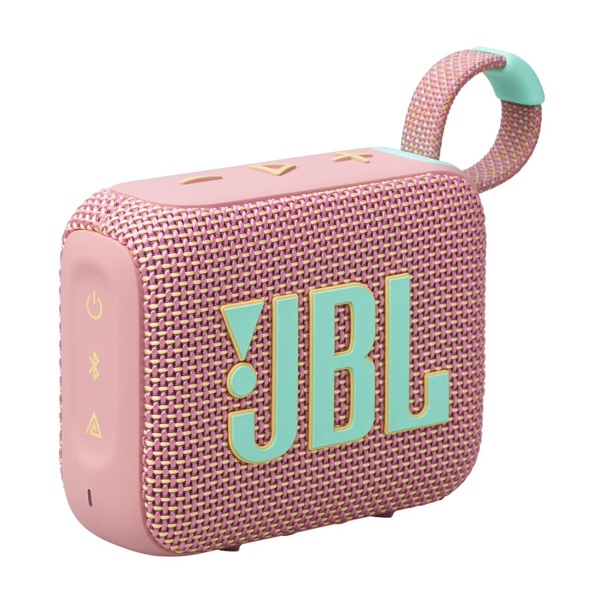 Zijaanzicht van de roze JBL GO 4 Bluetooth-luidspreker met kleurrijke stofafwerking.