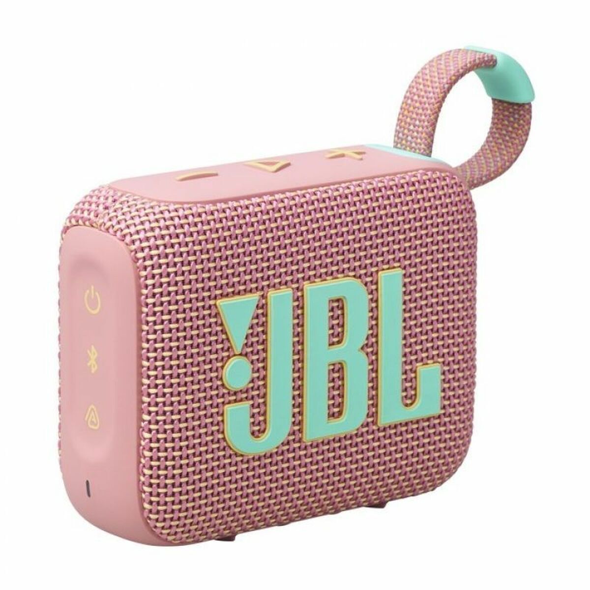 Roze JBL GO 4 Bluetooth-luidspreker met opvallende logo en handvat voor draagbaarheid.