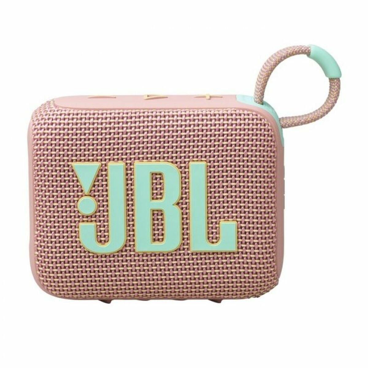Detail van de JBL GO 4 draagbare Bluetooth-luidspreker in roze met groen logo.