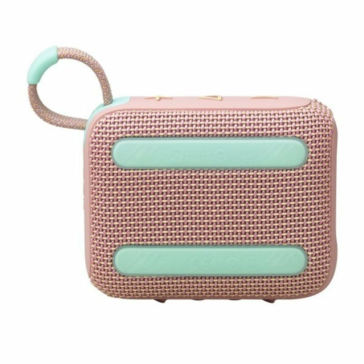 Zijaanzicht van de roze JBL GO 4 luidspreker met groene accenten en handvat.