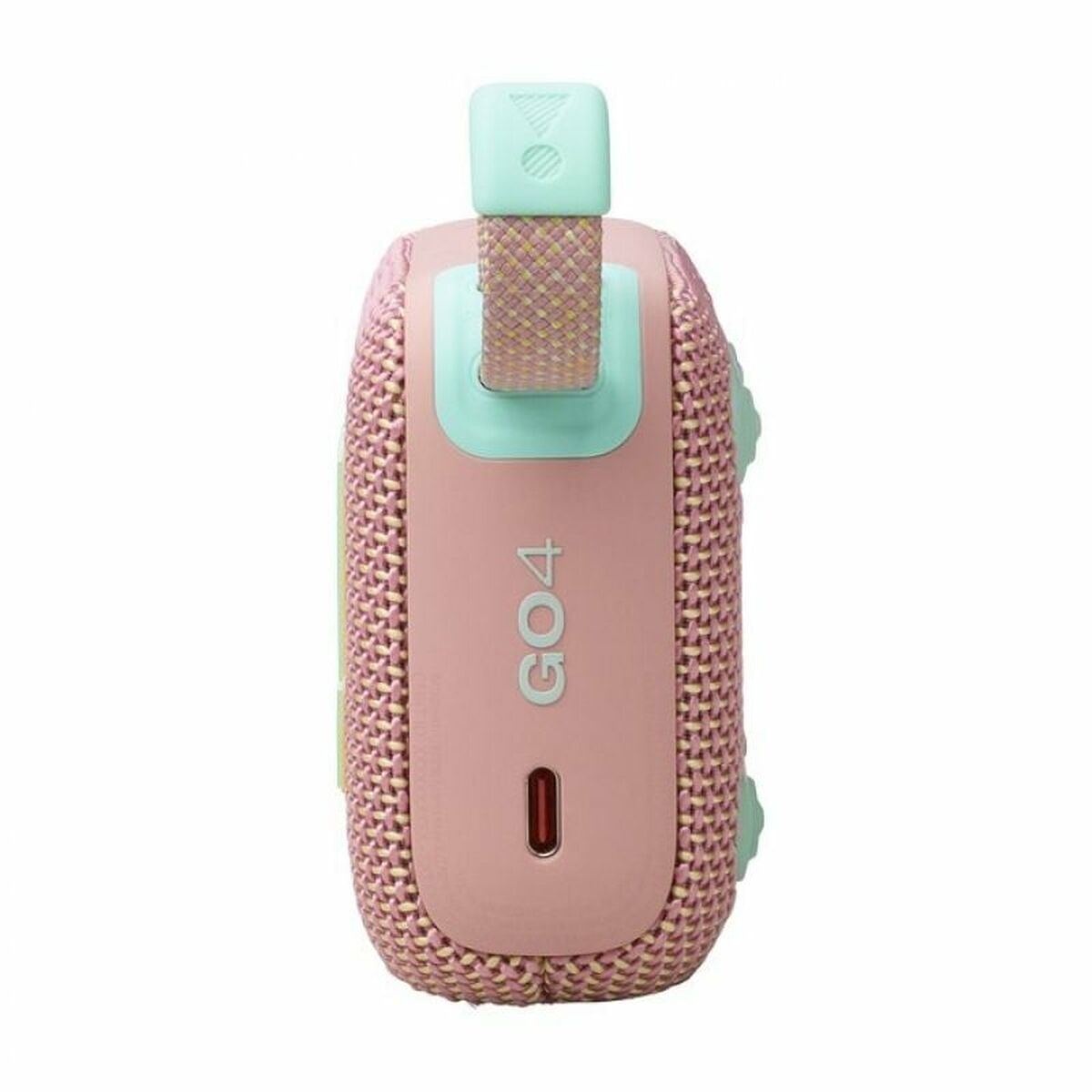 Detail van de JBL GO 4 draagbare Bluetooth-luidspreker in roze met mintgroene accenten.