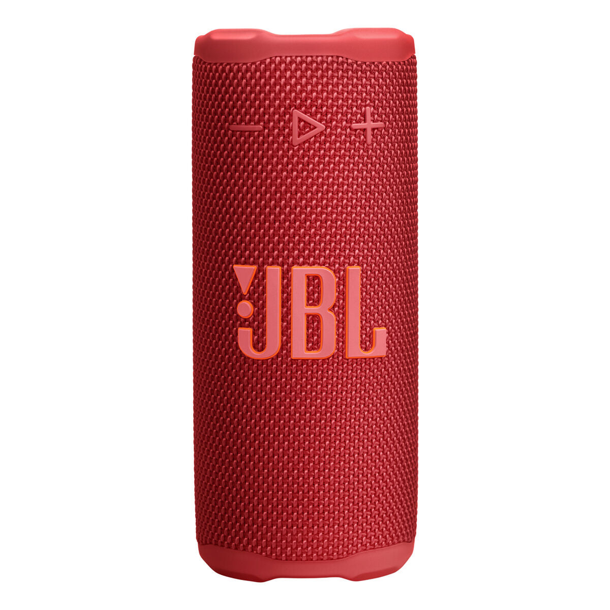 Detail van de rode JBL Bluetooth luidspreker met textuur en knoppen aan de voorkant.