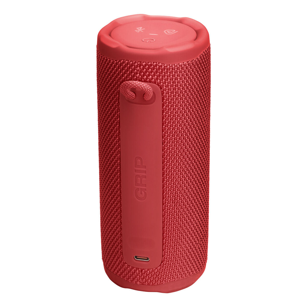 Rood JBL Bluetooth-luidspreker met ergonomisch handvat en bedieningsknoppen aan de bovenkant.