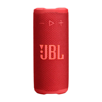 Zijaanzicht van de rode JBL Bluetooth luidspreker met bedieningsknoppen.
