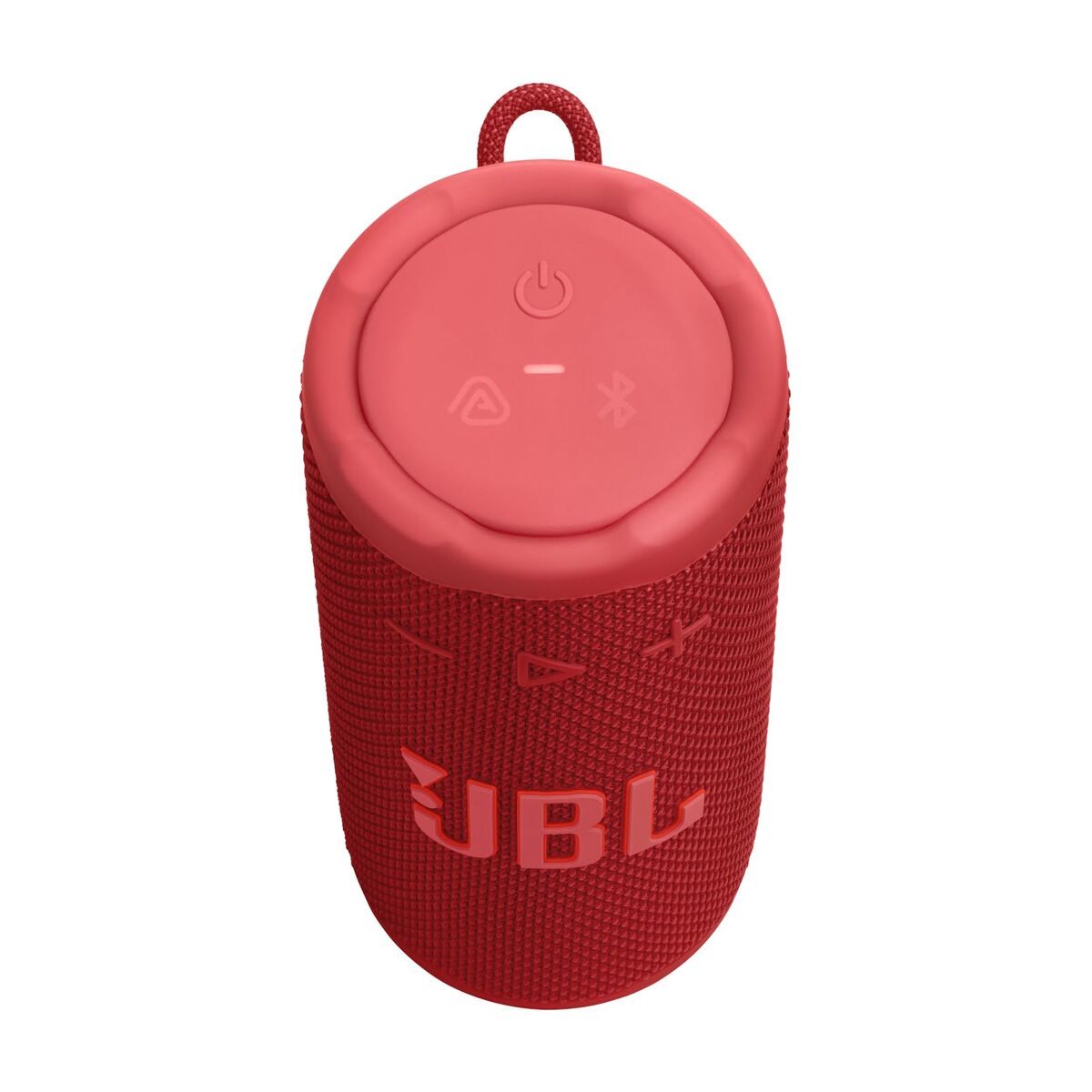 Bovenaanzicht van de rode JBL Bluetooth luidspreker met knoppen en logo.
