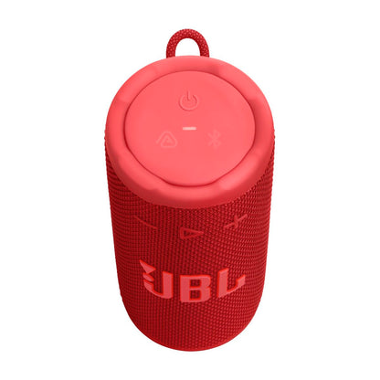 Bovenaanzicht van de rode JBL Bluetooth luidspreker met knoppen en logo.