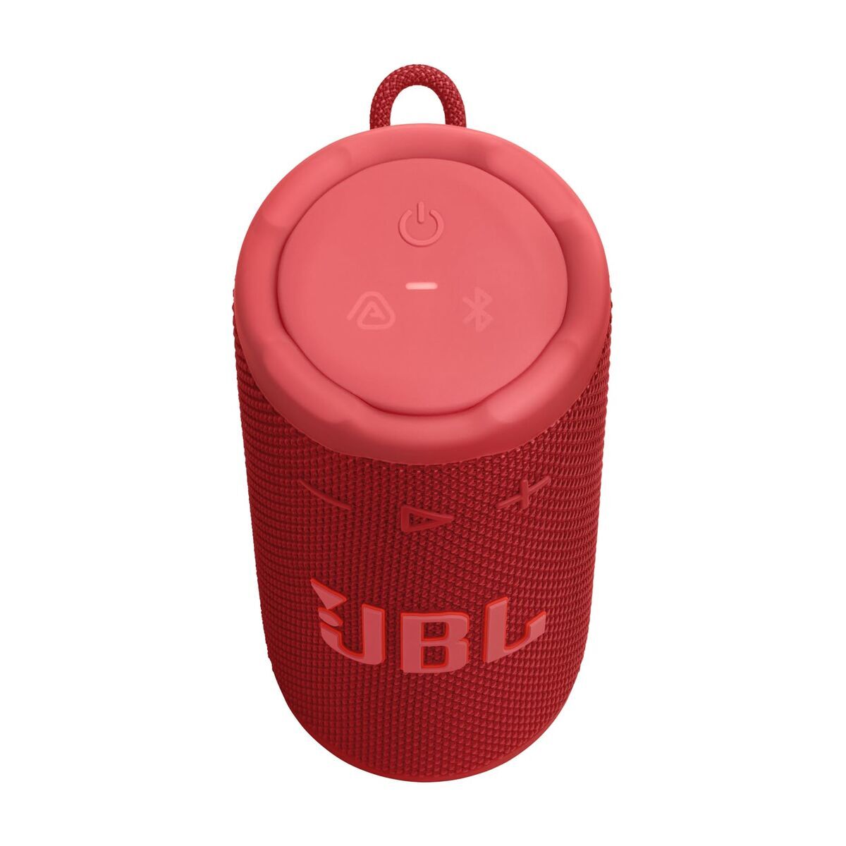 Bovenaanzicht van de rode JBL Bluetooth luidspreker met bedieningsknoppen.