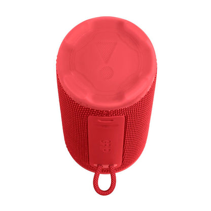 Bovenaanzicht van de rode JBL Bluetooth luidspreker met grip en knop.
