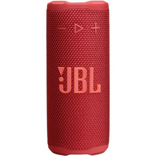 Draagbare rode JBL Bluetooth-luidspreker met robuuste textuur en bedieningselementen aan de voorkant.