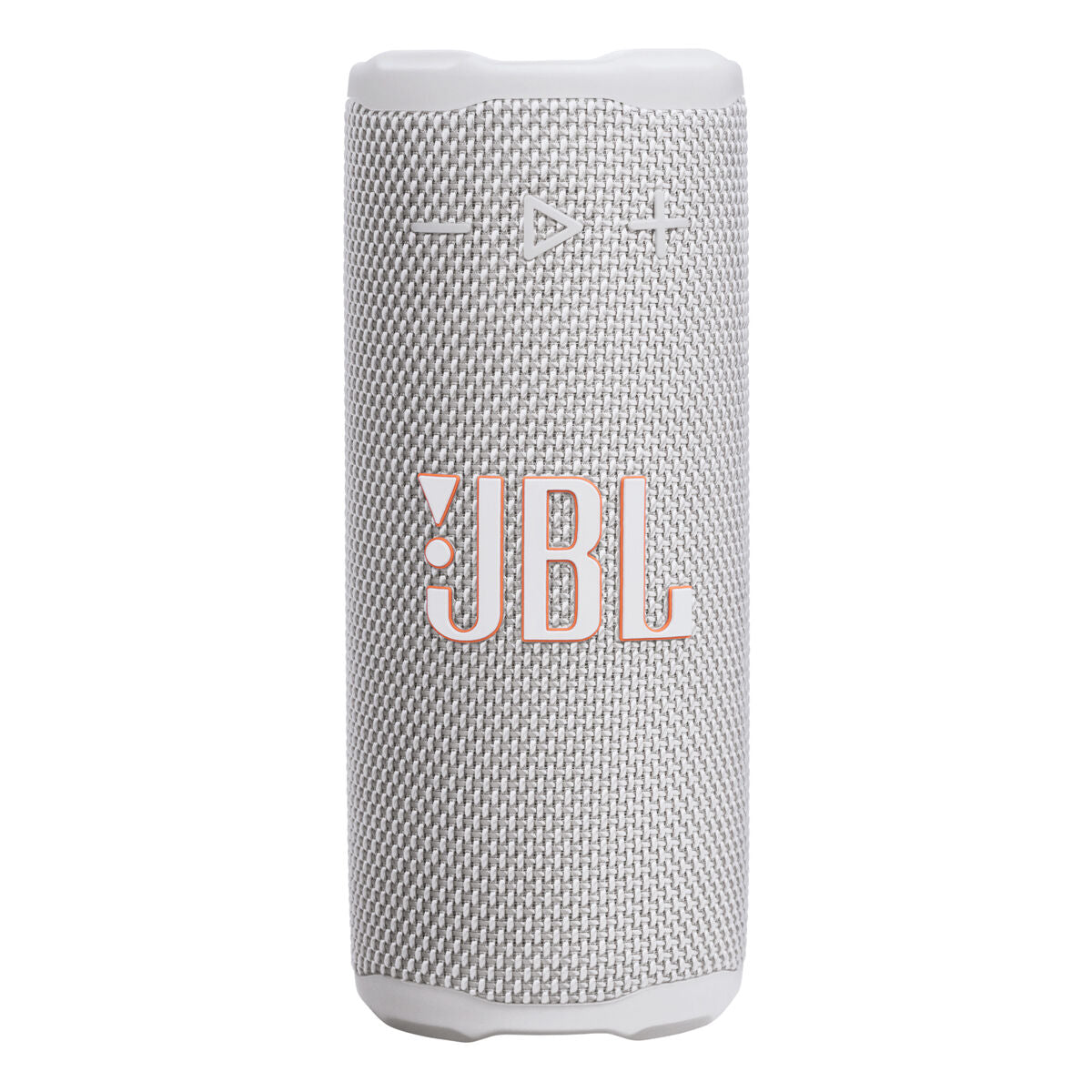 Zijaanzicht van de witte JBL 255694 Bluetooth-luidspreker met textuur en bedieningselementen.