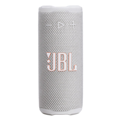 Zijaanzicht van de witte JBL 255694 Bluetooth-luidspreker met textuur en bedieningselementen.