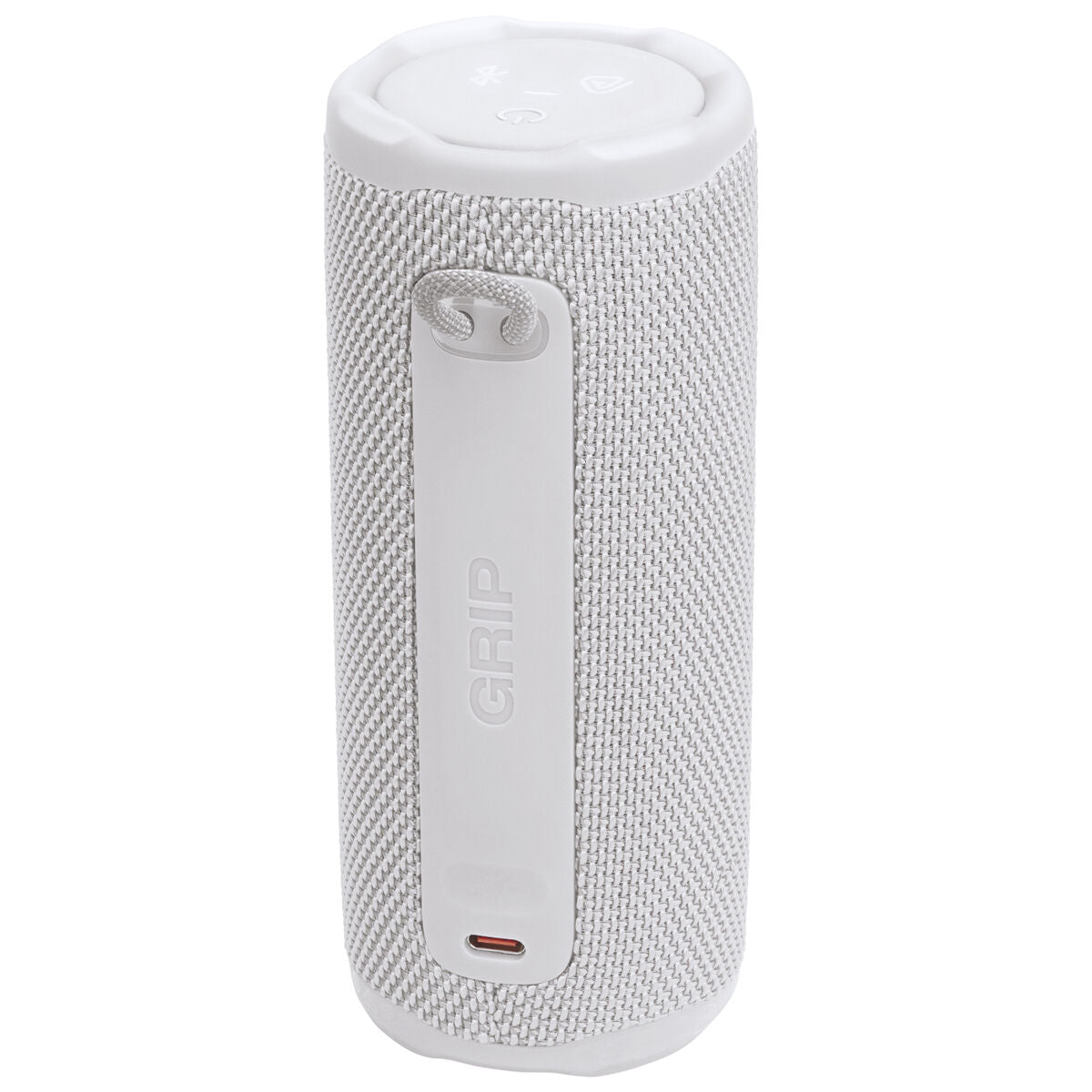 Witte JBL 255694 draagbare Bluetooth-luidspreker met textuur en grip aan de zijkant.
