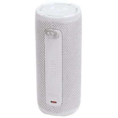 Witte JBL 255694 draagbare Bluetooth-luidspreker met textuur en grip aan de zijkant.