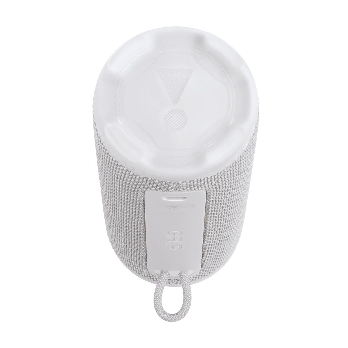 Bovenaanzicht van de witte JBL 255694 Bluetooth-luidspreker met bedieningsknop.