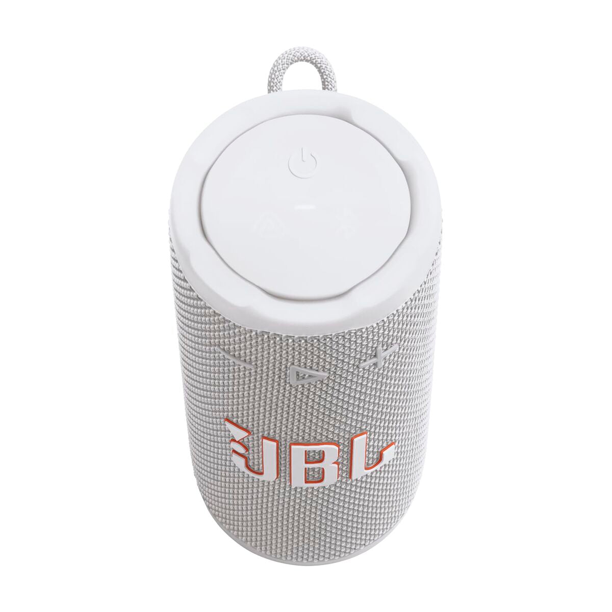 Bovenaanzicht van de witte JBL 255694 Bluetooth-luidspreker met bedieningsknoppen.