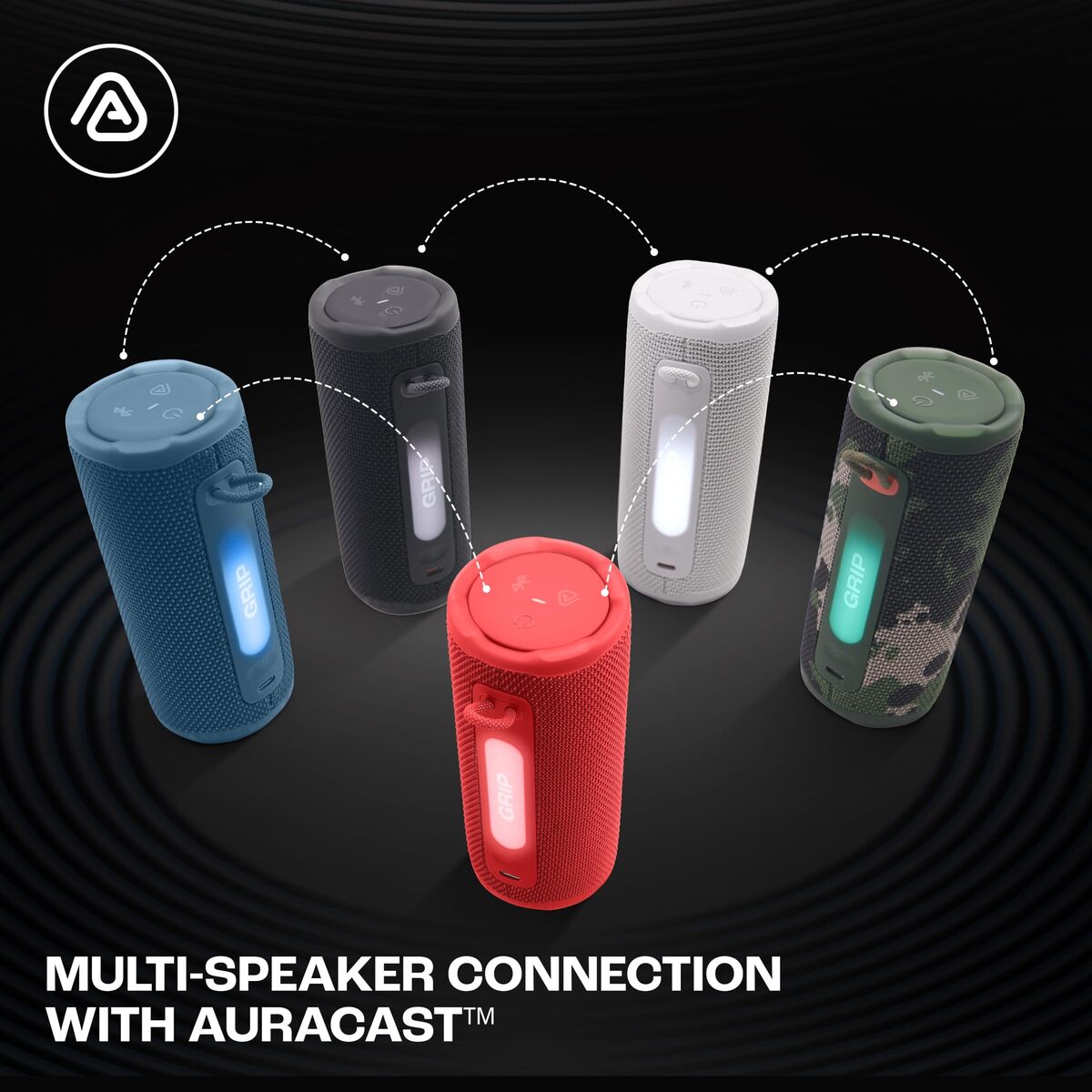 Zijaanzicht van de JBL Draagbare Bluetooth Luidsprekers in verschillende kleuren.