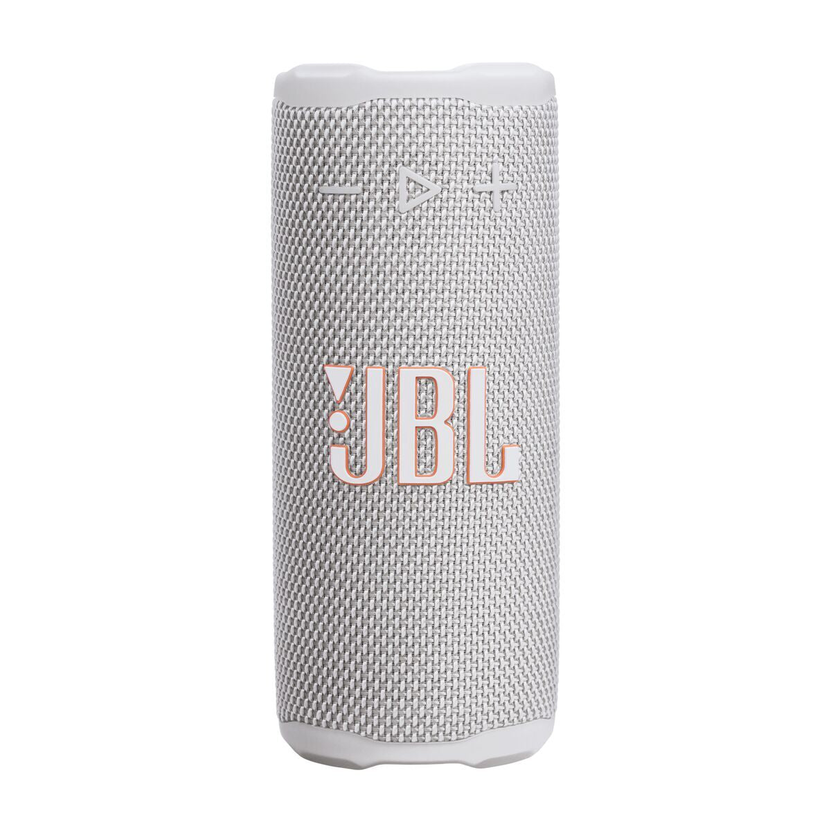 Zijaanzicht van de witte JBL 255694 Bluetooth-luidspreker met bedieningsknoppen.