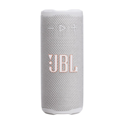 Zijaanzicht van de witte JBL 255694 Bluetooth-luidspreker met bedieningsknoppen.