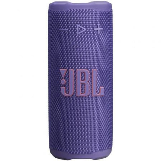 JBL draagbare Bluetooth luidspreker in paars, cilindervormig met textuur en knoppen aan de voorkant.