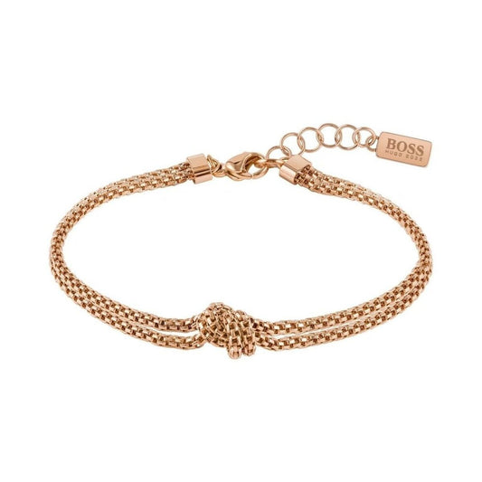 Gouden Hugo Boss armband voor dames met elegante knoopdetails en verstelbare sluiting.