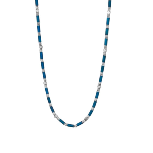 LIU JO dames ketting in blauw met elegante metalen details, vooraanzicht.