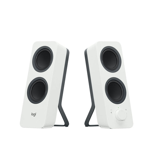 Witte Logitech Z207 Bluetooth-luidsprekers met een stijlvol en compact ontwerp.