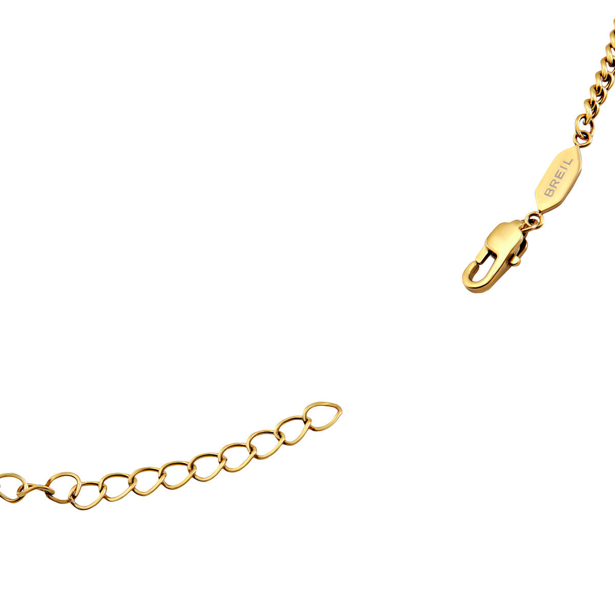 Detail van de gouden Breil ketting met sluiting en verlengstuk.
